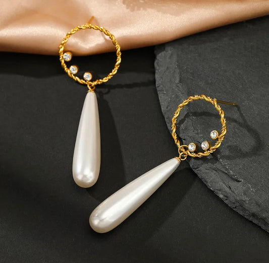 Trendy Hanging Pearl Earrings 18k Gold Plating