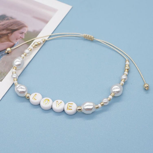 Acrylic love Latter With Pearl Handmade Rope Bracelet