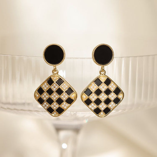 Square Chessboard Eardrops Earrings 18k Gold Plated