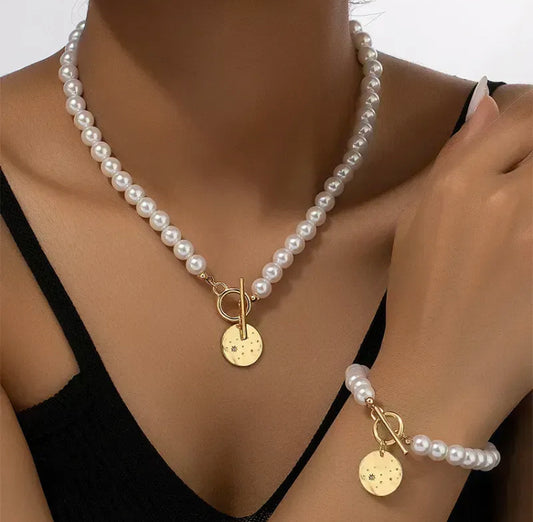 Elegant Glam Pearl Necklace With Bracelate set